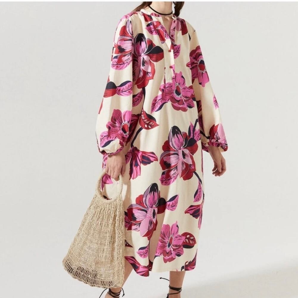 Lanhtropy Sake Linen Cream & Pink Hibiscus Blouson Sleeve Midi Dress